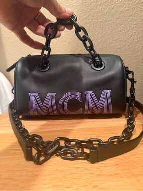 MCM Black Leather Chain Crossbody Bag | Purple Logo | Y2K Streetwear